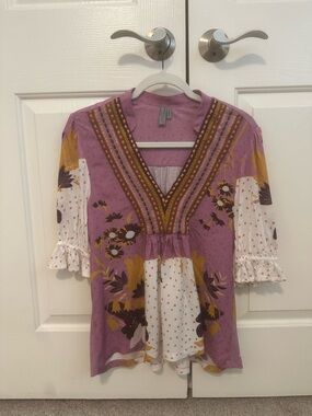 Blank NYC Purple and Cream Floral Embroidered V-Neck Tunic